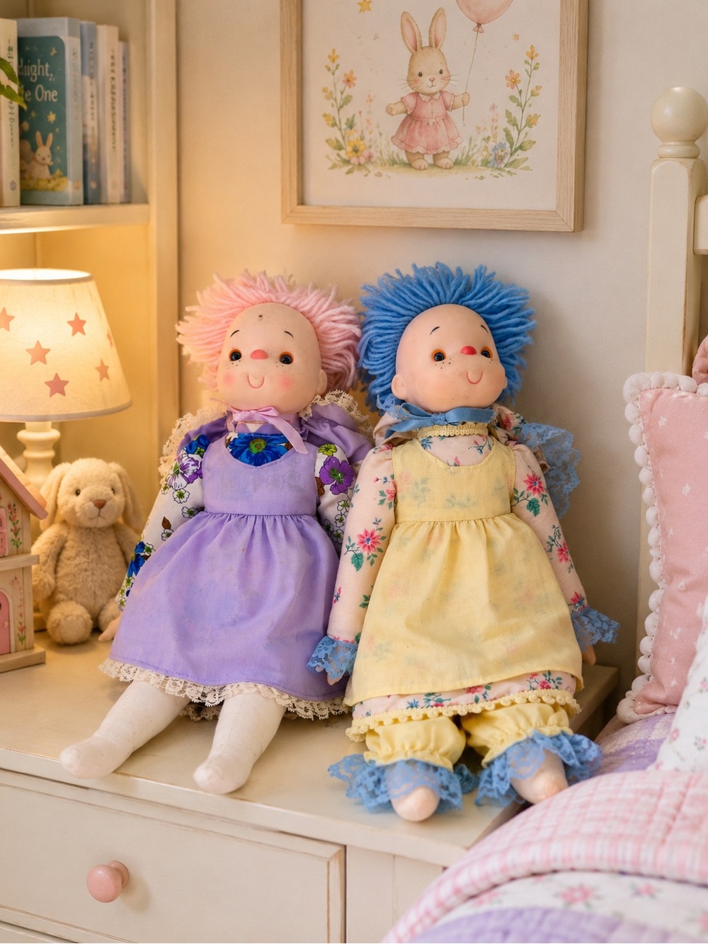 Vtg 80s Ice Cream Doll Lot Kitsch Plush Plastic Face Yarn Hair Crochet Dress
